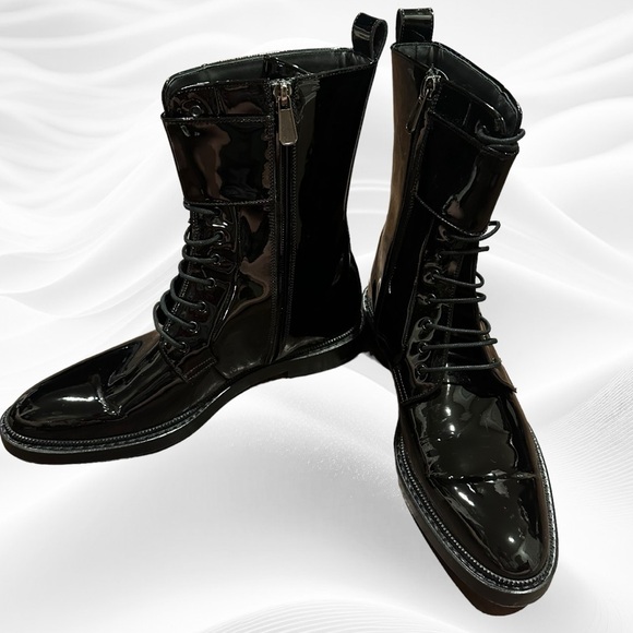 Paul Andrew Landrey Black Patent Leather Combat Boot Zip Buckle NWOB 39EU/8.5 US - Picture 1 of 10
